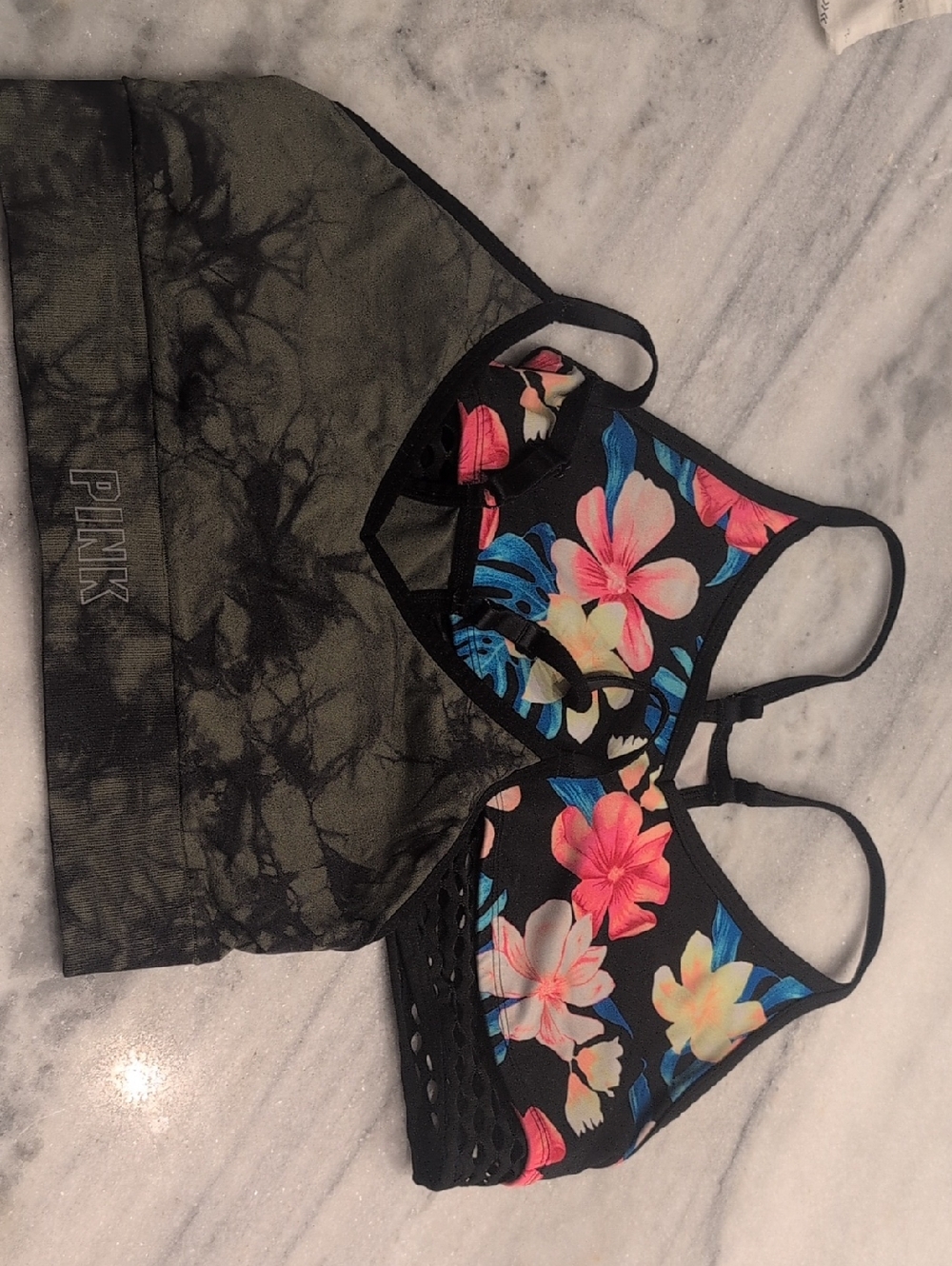 PINK Victoria's Secret Black Floral Sports Bralette with Pink & Blue Hibiscus 2